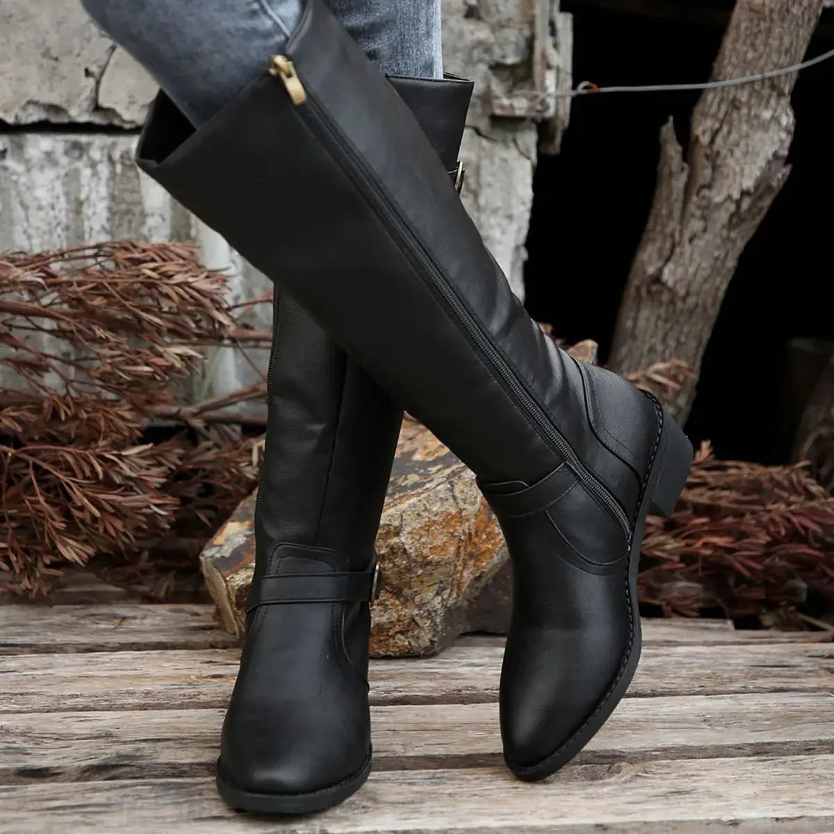 Women’s Winter High-Top Knight Boots – Side Zipper & Belt Buckle, Pointed Toe, PU Material with Cotton Lining