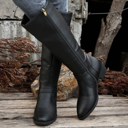Women’s Winter High-Top Knight Boots – Side Zipper & Belt Buckle, Pointed Toe, PU Material with Cotton Lining