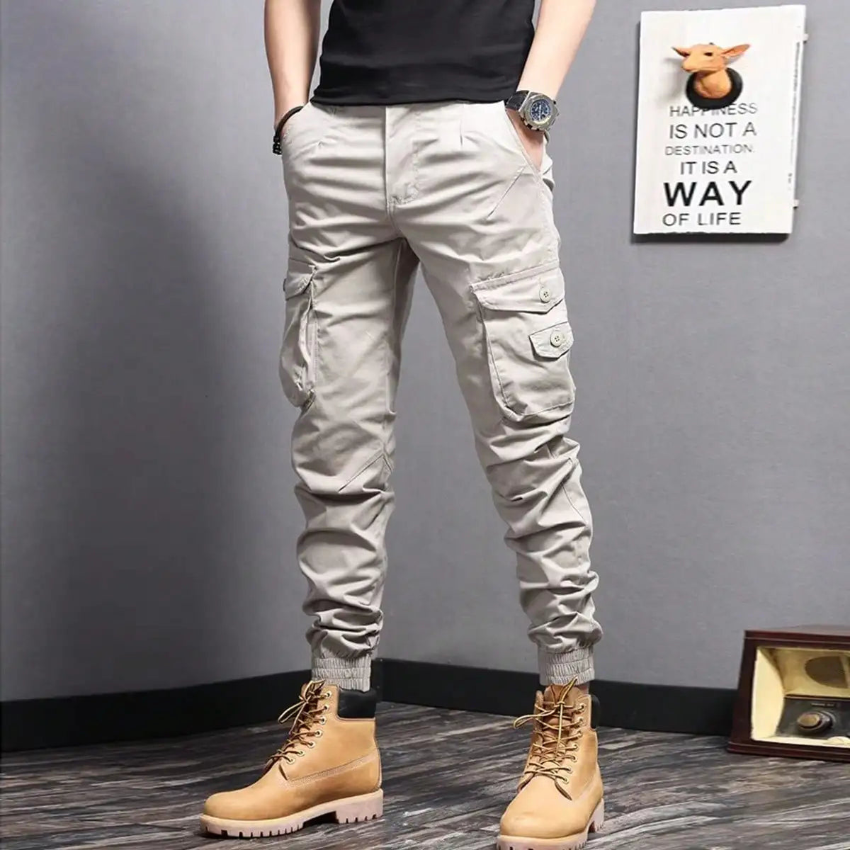 Men's Casual Cargo Pants — Side Flap Pocket Tapered Workwear for Spring & Fall Outdoor Activities