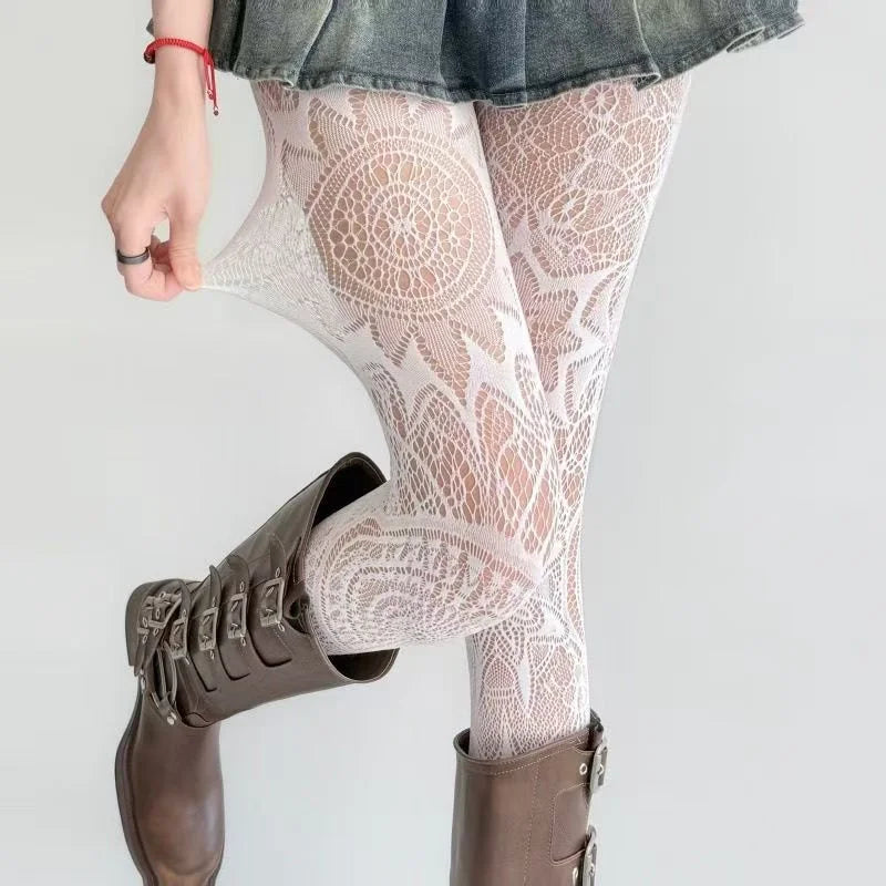 Black Floral Lolita Lace Tights - Retro Mesh Stockings with Classic Hollow Design