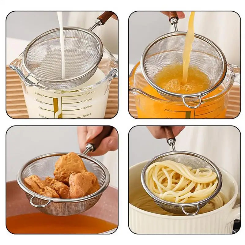 Stainless Steel Mesh Filter Spoon with Wooden Handle – Kitchen Strainer for Flour, Oil, and Fried Foods