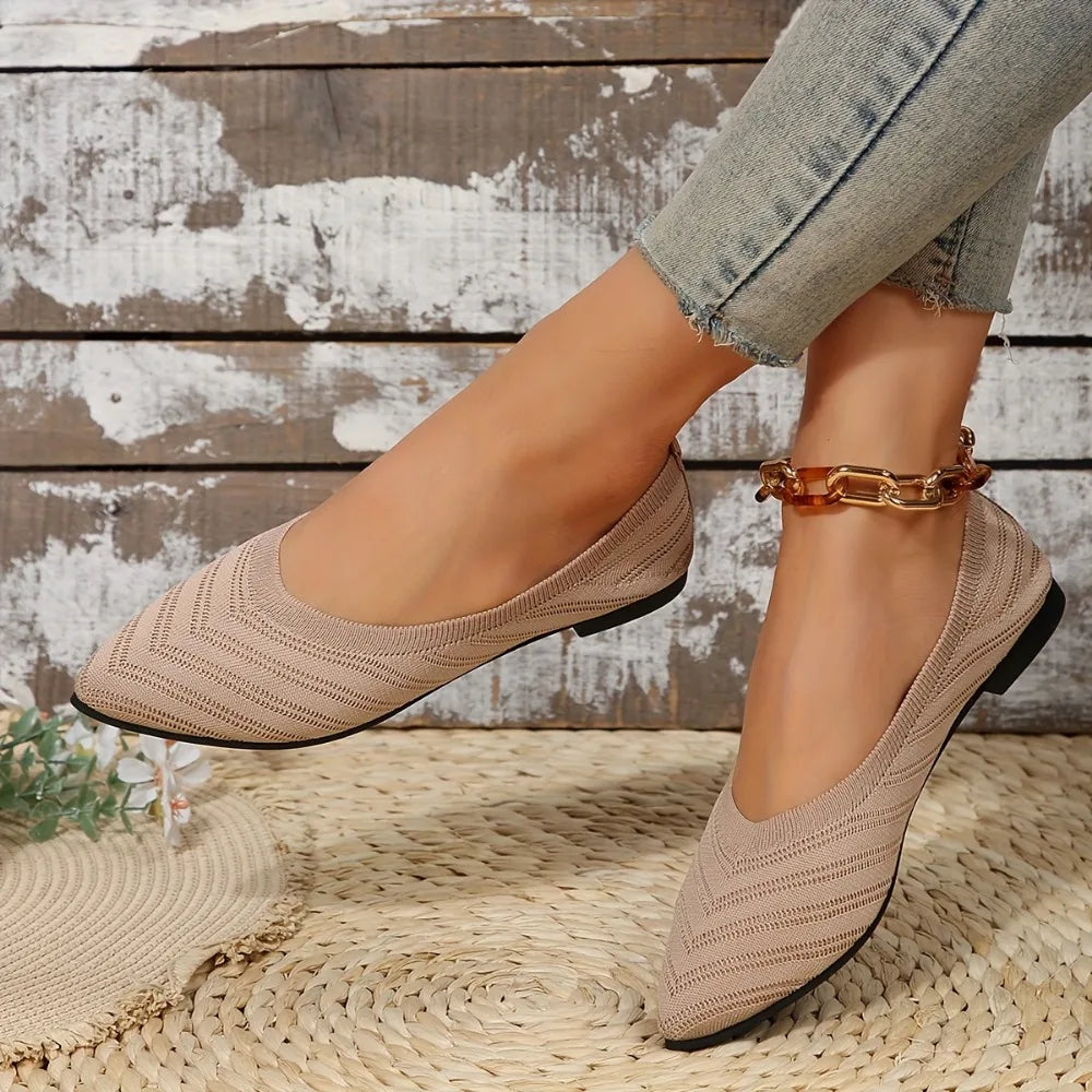 Women’s Solid Color Pointed Toe Knitted Slip-On Flats – Casual Breathable Ballet Loafers