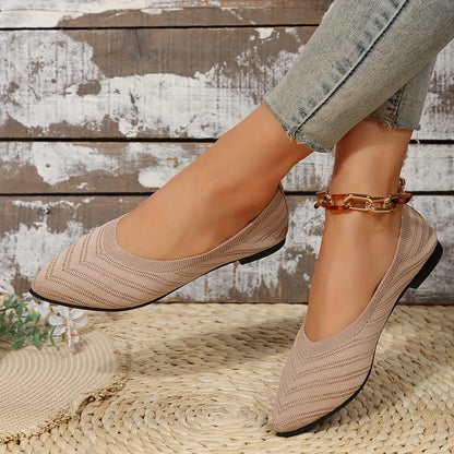 Women’s Solid Color Pointed Toe Knitted Slip-On Flats – Casual Breathable Ballet Loafers
