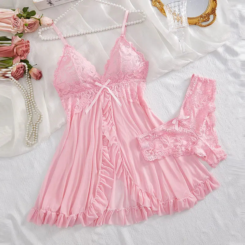 Women’s Lingerie Set — Plus Size Lace Nightgown, Thong & Suspender Sexy Sleepwear