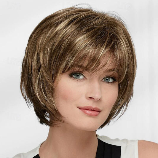 HAIRJOY Short Straight Synthetic Wig for White Women – Mixed Brown Wig with Bangs, Natural-Looking Short Hair