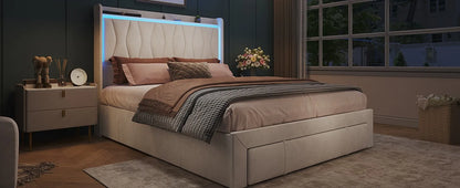 Queen Size Upholstered Platform Bed Frame with LED Lights, 3 Storage Drawers & USB Charging Station – Velvet Finish