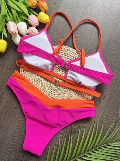 RUOTONSEPT Sexy Two-Piece Bikini Set – Women's Solid Splicing Triangle Thong Swimwear Bathing Suit