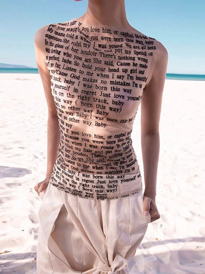 Women's Letter Print Mesh Vest - European & American Style Sleeveless Slim Fit Round Neck Top