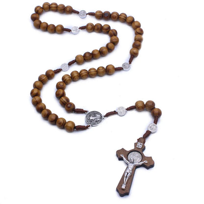 Wooden Antique Cross Rosary Necklace – Saint Benedict Jesus Beaded Handmade Pendant Jewelry for Men & Women Religious Gift Accessories