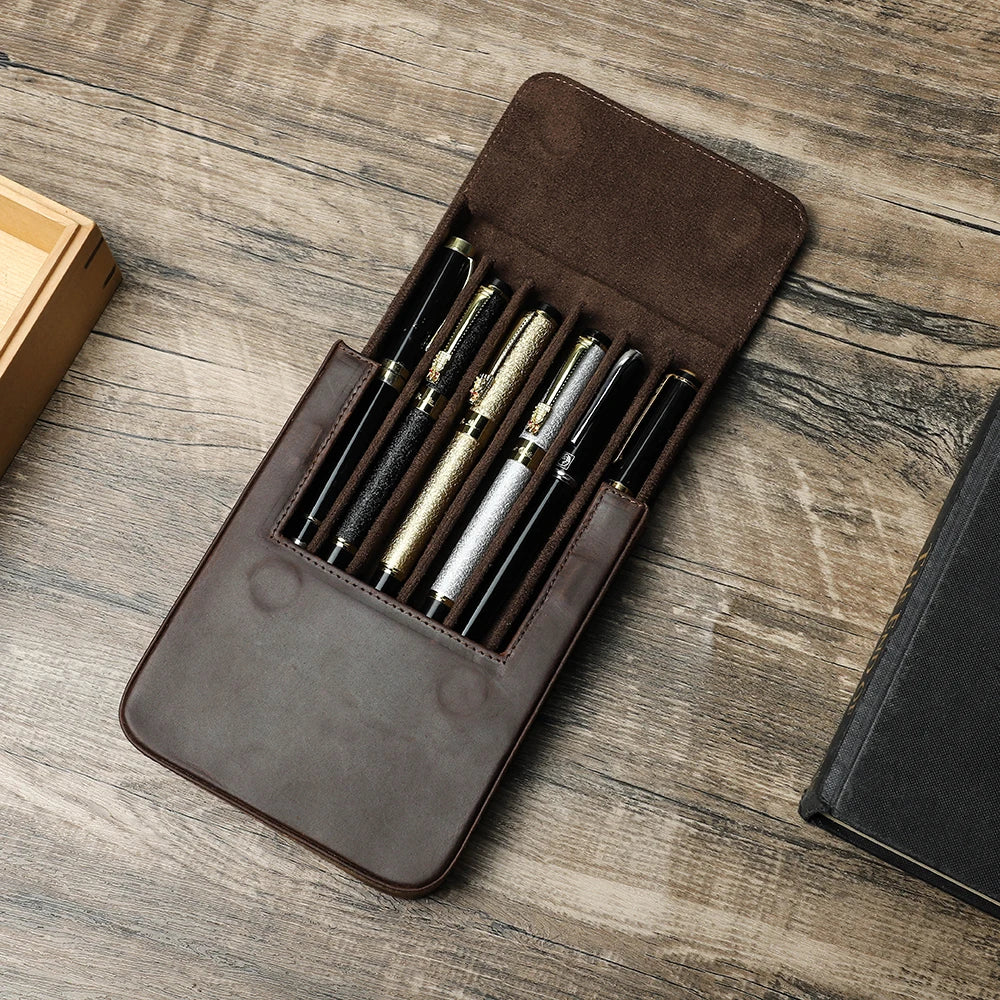 CONTACT'S FAMILY Handmade Leather Fountain Pen Case: Retro Holder Pouch for Men & Women - Organizer for School or Office