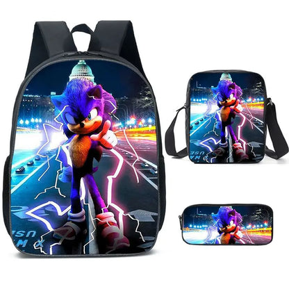 3PC Sonic Backpack School Bag Set – Anime Cartoon Zipper Backpack for Boys & Girls, Primary and Middle School Students