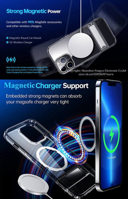 Clear Magnetic Phone Case with Kickstand for iPhone 16, 15, 14, 13, 12, 11 Mini – MagSafe Compatible, Wireless Charging Back Cover