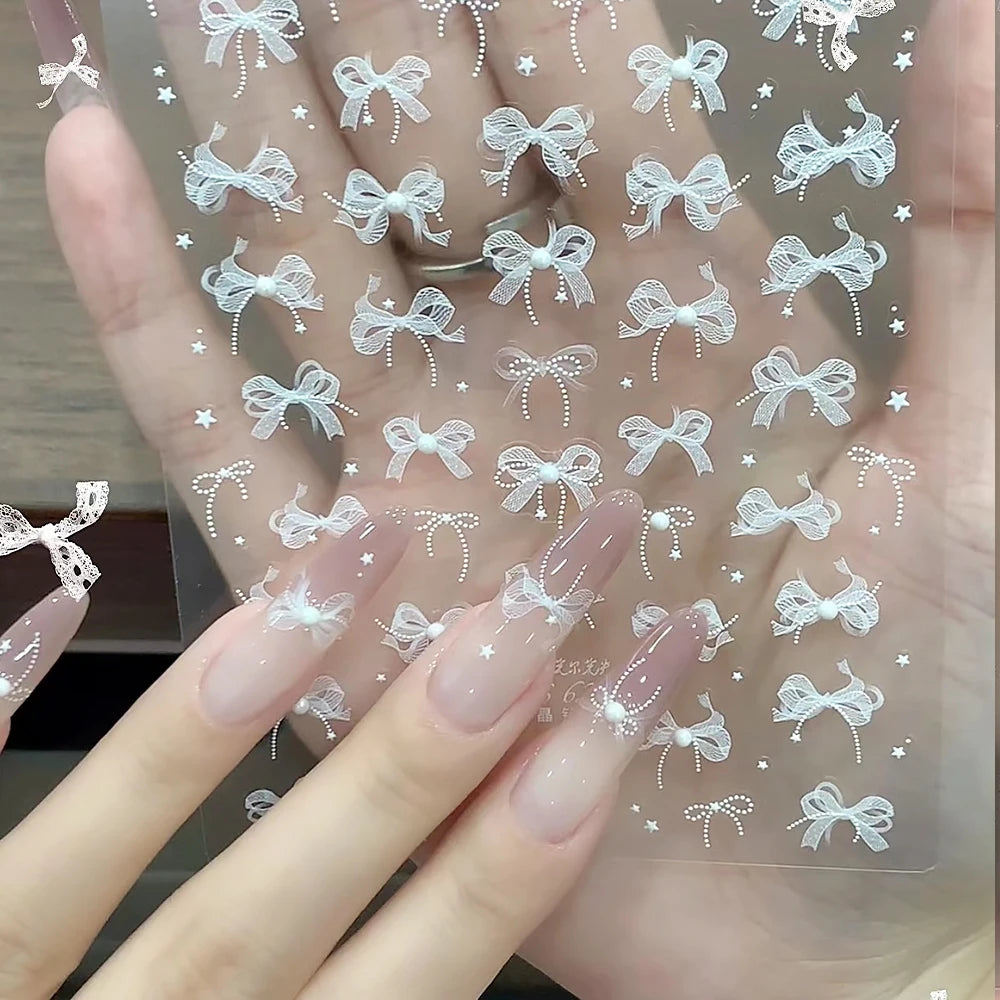 5D White Lace Bowknot Nail Art Stickers – Self-Adhesive Pearl Ribbon Luxury Nail Decals for DIY Manicure Decoration