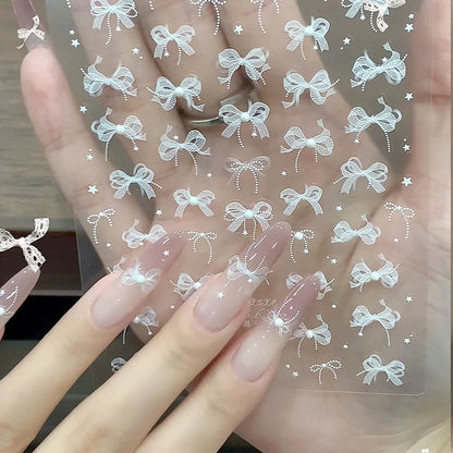 5D White Lace Bowknot Nail Art Stickers – Self-Adhesive Pearl Ribbon Luxury Nail Decals for DIY Manicure Decoration