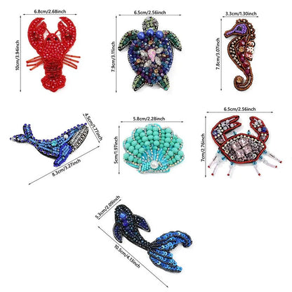 3D Marine Animal Patches - Handmade Beaded Seahorse Starfish Crab DIY Sewing Accessories for Clothing Decor