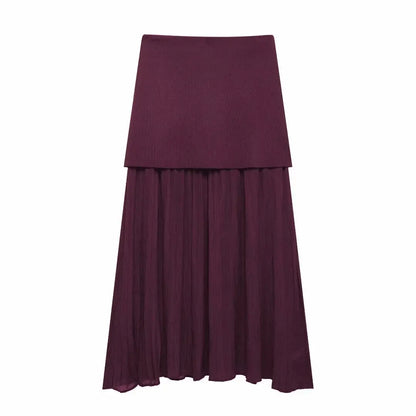 TRAFZA 2025 Women’s Wine Red Skirt Set – Knitted V-Neck Vest with High Waist Zipper Patchwork Long Skirt