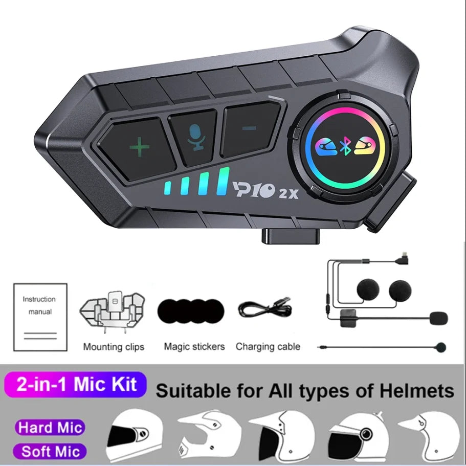 Kebidumei YP10 2X Wireless Bluetooth 5.3 Motorcycle Helmet Intercom – Waterproof Headset with 300m Range Speaker Earphones