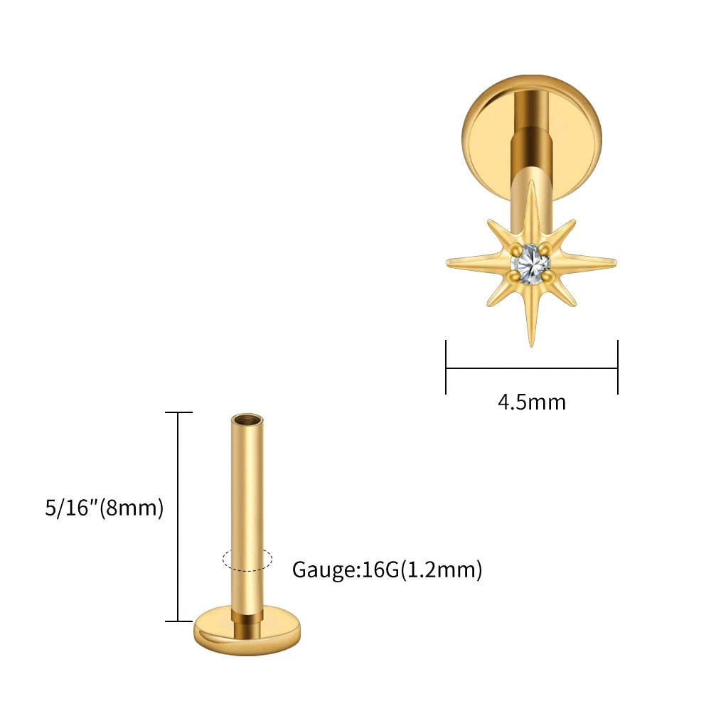 Right Grand ASTM F136 Titanium CZ North Star 16G Flat Back Earring – Tiny Starburst Helix, Cartilage & Earlobe Stud Piercing Jewelry