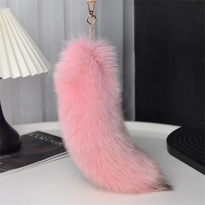 Natural Fox Fur Tail Keychain – 40cm Furry Racoon Bag Charm & Fluffy Keyring Accessory for Women