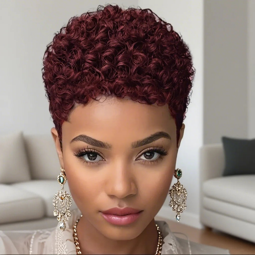 Short Afro Kinky Curly Human Hair Wig - Pixie Cut Full Machine-Made Wig for Women