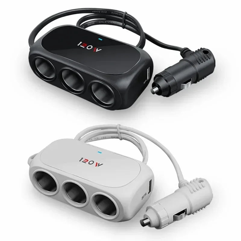 3-Socket Car Cigarette Lighter Splitter - 120W 12V/24V Dual USB Fast Charger Adapter for iPhone, GPS and Dashcam