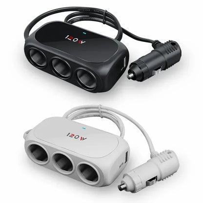 3-Socket Car Cigarette Lighter Splitter - 120W 12V/24V Dual USB Fast Charger Adapter for iPhone, GPS and Dashcam