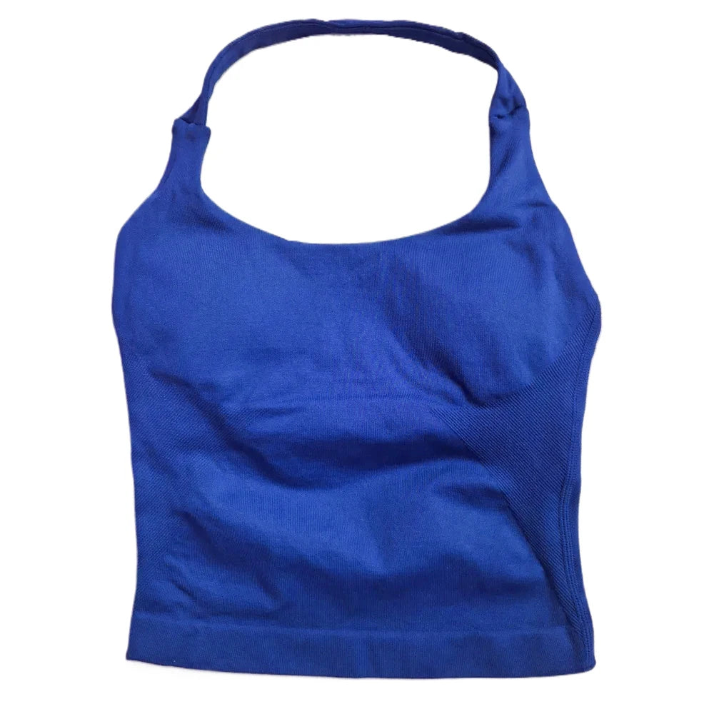 Women’s Strappy Gym Tank Top – Padded Sports Bra Backless Seamless Yoga Crop Top Halter Fitness Vest Activewear