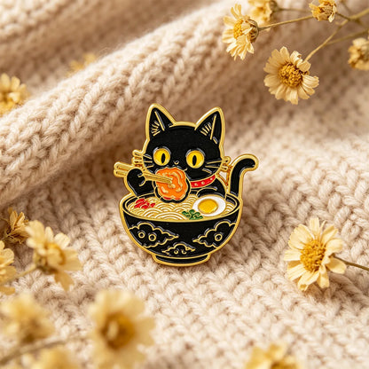 2/3-Piece Cute Black Cat Enamel Pin Set - Noodle Cartoon Badges for Backpacks, Hats, Collars, and Gifts