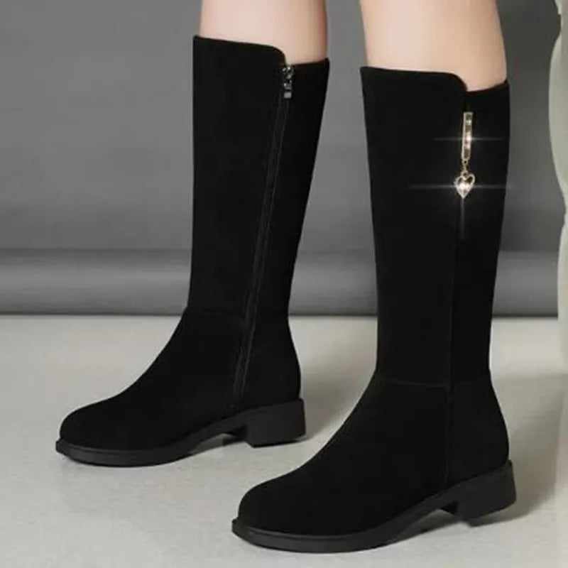 2025 Women’s Plush Snow Boots – Casual Flat Cotton Thigh-High Winter Shoes with Side Zipper