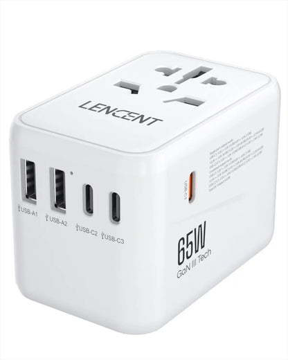 LENCENT 65W/100W GaN Fast Charging International Travel Adapter - 2 USB and 3 Type-C Ports, Includes EU, AU, US, UK Plugs