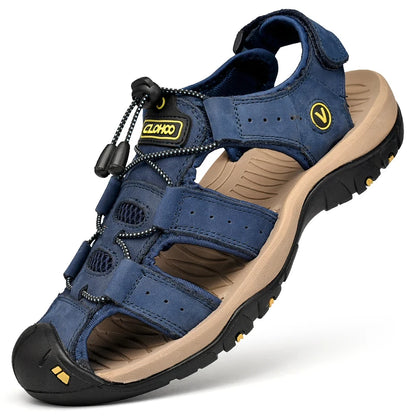 CLOHOO Men's Leather Sandals - Handmade Thick Sole Breathable Slip-On Beach Shoes