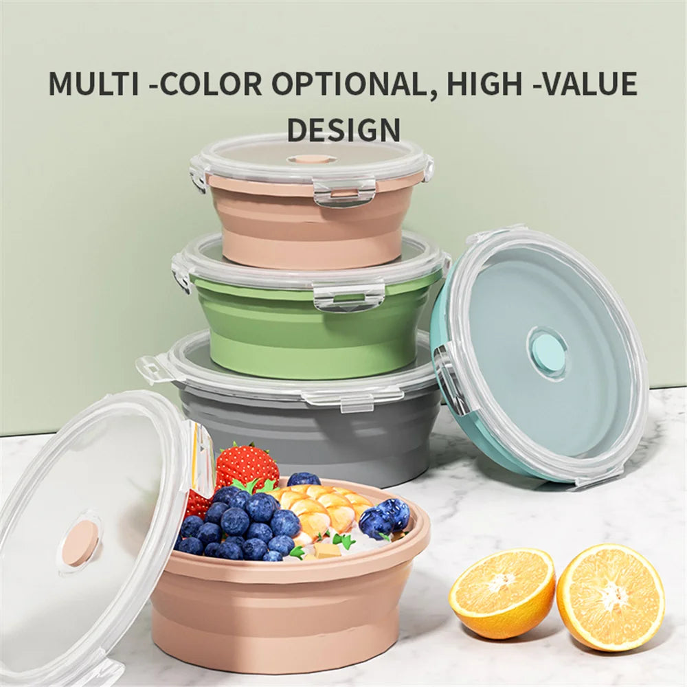 Collapsible Silicone Food Storage Container - Portable Lunch Box with Lid for Microwave & Freezer Use
