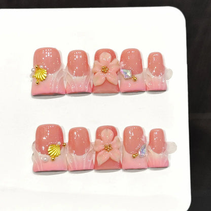10-Piece 3D Flower Press-On Nails - Elegant French Duckbill Artificial Detachable False Nails