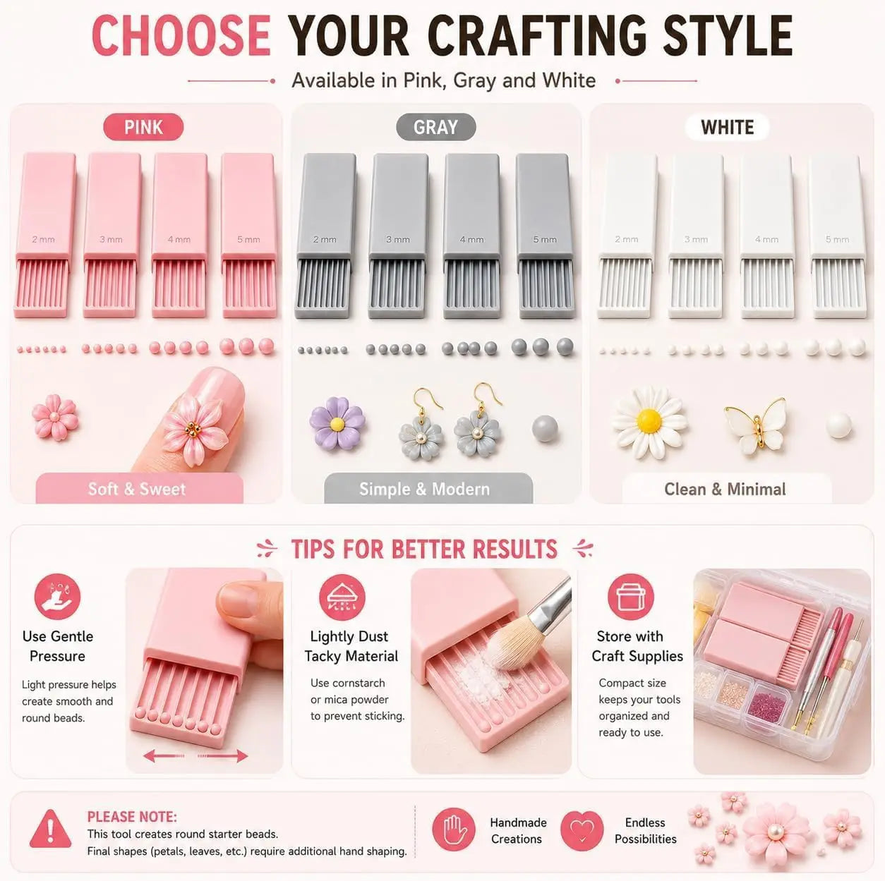 3D Nail Art Gel Bead Roller Set -  Clay Ball Maker Tool for 2mm 3mm 4mm 5mm 3D Flowers