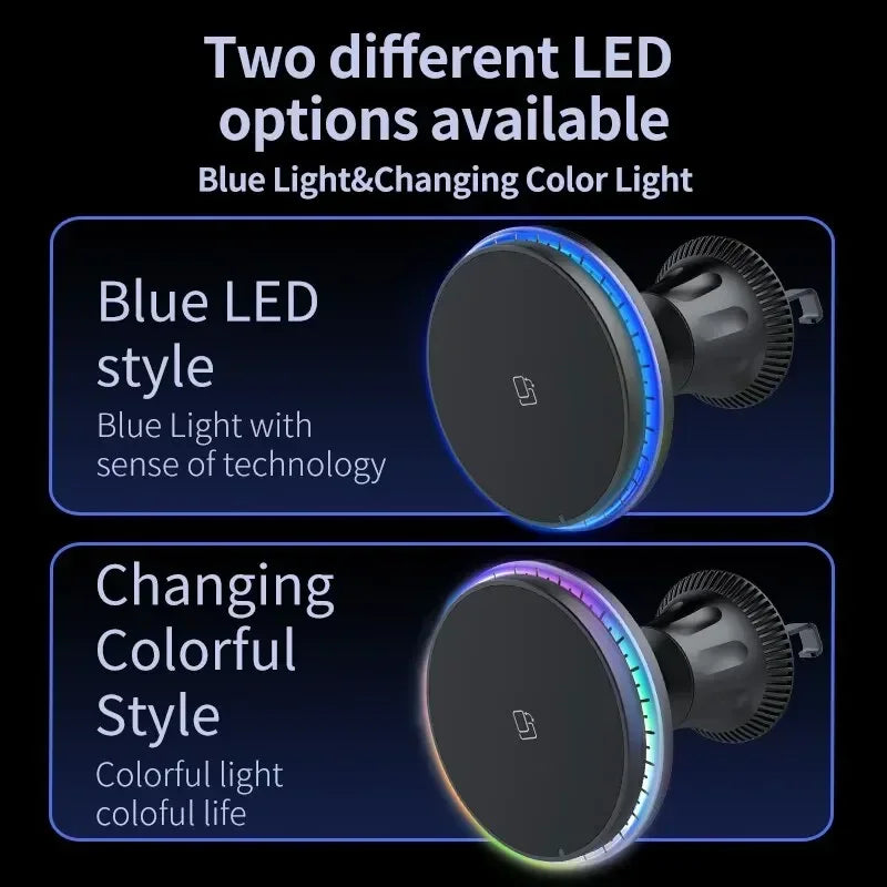 30W RGB Magnetic Car Wireless Charger – Fast Charging Stand Mount for iPhone 12-15 Pro Max, MagSafe Compatible