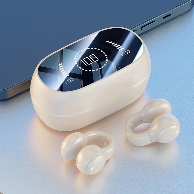 Wireless Bluetooth Earphones with Mirror Display – Soft Silicone Ear Clip, Noise Reduction, HD Sound, Lossless Audio for Sports