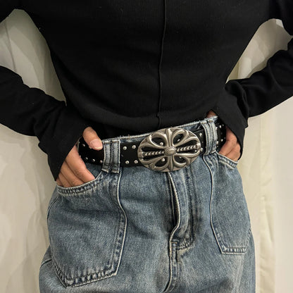 Unisex Punk Gothic Jeans Belt - Wide Hollow Cross & Heart Rivet Waistband for Women and Men
