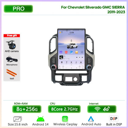 15.6" Car Multimedia Player - GPS Navigation, CarPlay, Android Auto, 4G & WiFi for Chevrolet Silverado & GMC Sierra 2019-2023