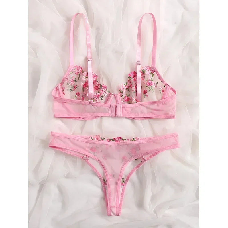 Sexy Lace Floral Lingerie Set for Women — Transparent Bra & Underwear Party Set, Sizes S-XL