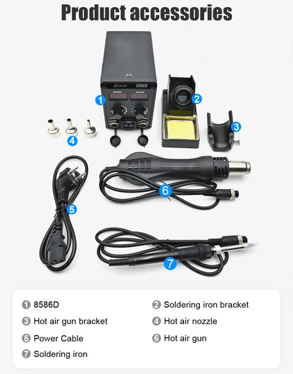 JCD 8586D 2-in-1 750W Soldering Station with Hot Air Gun – LCD Digital Display Electric Soldering Iron for SMD Welding & Rework