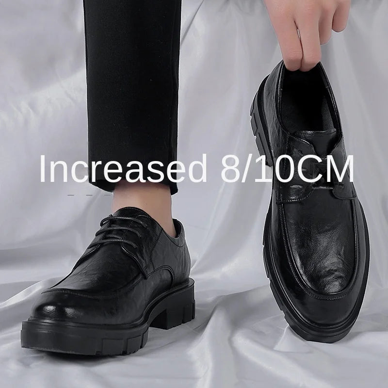 Men’s Cow Leather Dress Shoes with Platform Heel - British Style Casual Wedding & Groom Shoes, Breathable Fashion Formal Footwear