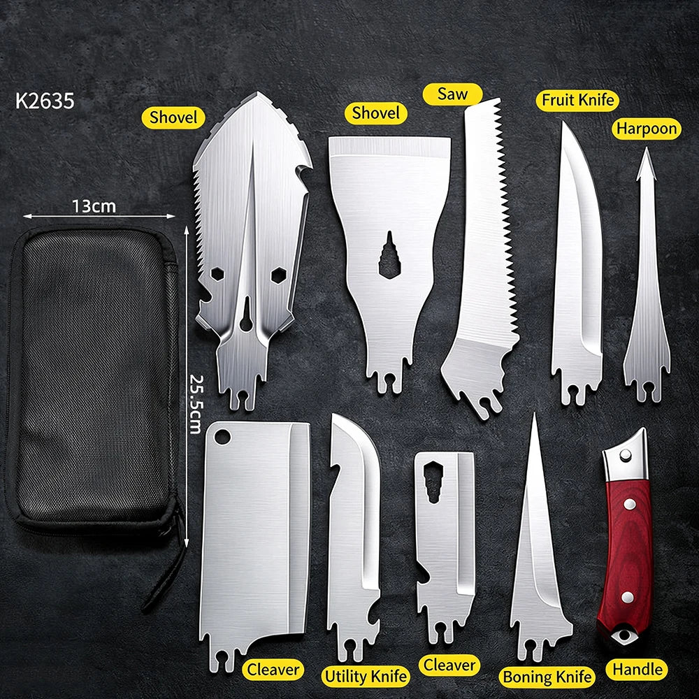Stainless Steel Multi-Tool Set - Portable Camping & Outdoor Survival Kit with Knife, Shovel, Saw and Bottle Opener