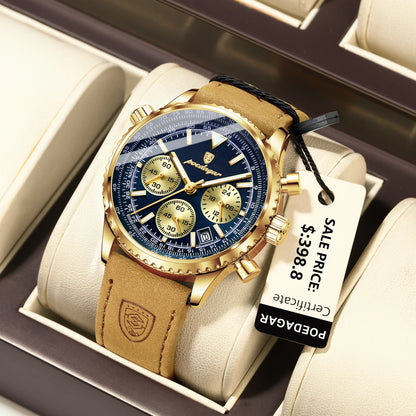 POEDAGAR Luxury Men's Quartz Watch Waterproof Luminous Date Chronograph Leather Military Sports Wristwatch