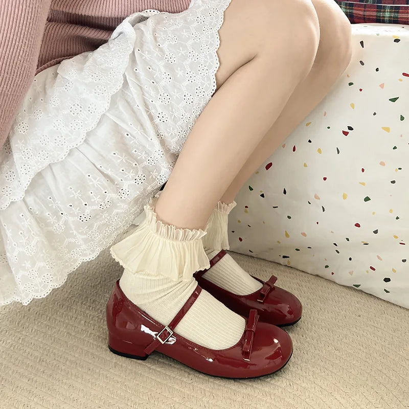 Spring Autumn Wine Red Mary Jane Shoes – Women’s Low Heel Leather Flats with Butterfly Knot & Round Toe