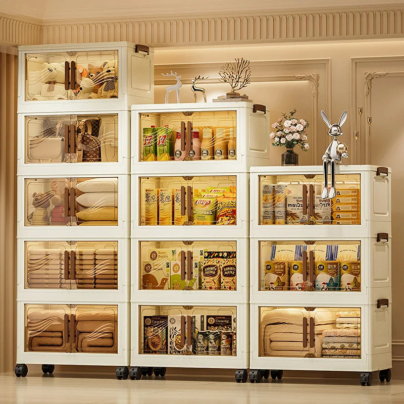 Foldable Multi-Layer Storage Box with Wheels — Plastic Cabinet for Clothes, Books & Kitchen Organization