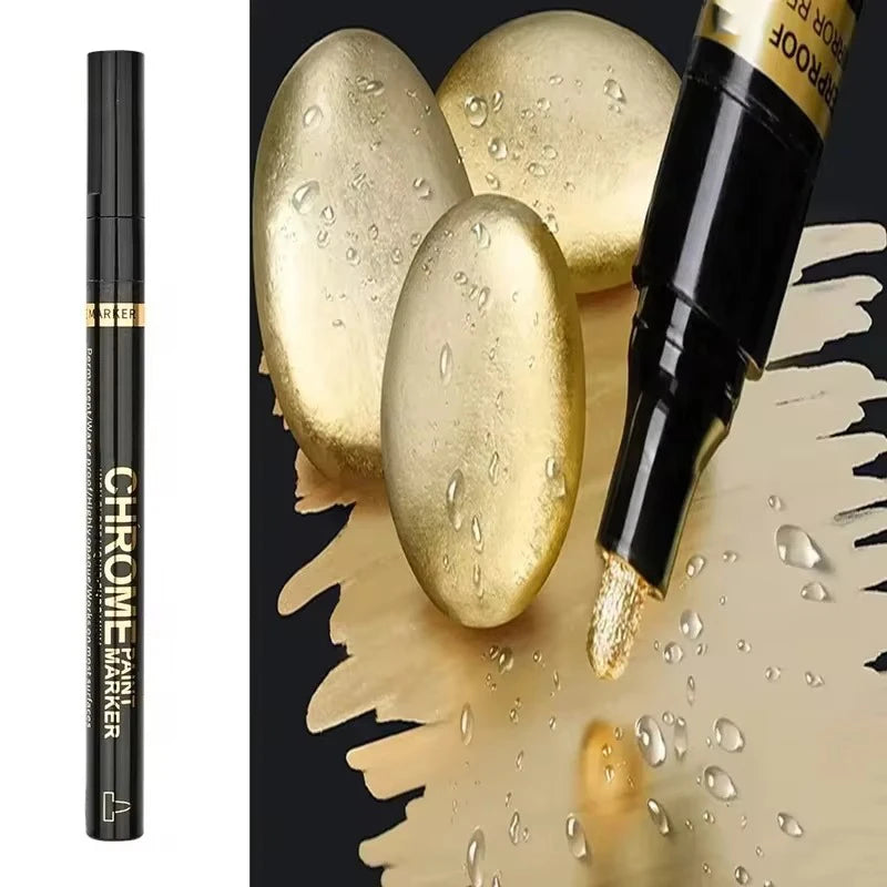 Chrome Paint Marker Pen - Waterproof Gold & Silver Metallic Repair Marker for Glass, Ceramic, Rock & Metal, 2mm Nib