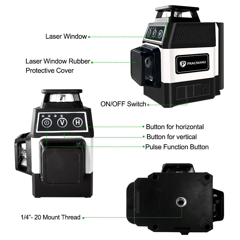 Pracmanu Mini 12-Line 3D Laser Level – 360° Self-Leveling Horizontal & Vertical Green Beam Laser