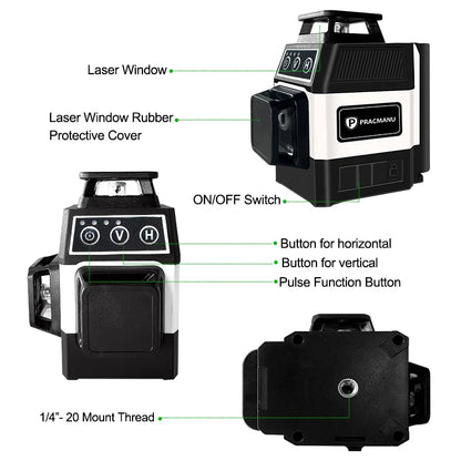 Pracmanu Mini 12-Line 3D Laser Level – 360° Self-Leveling Horizontal & Vertical Green Beam Laser