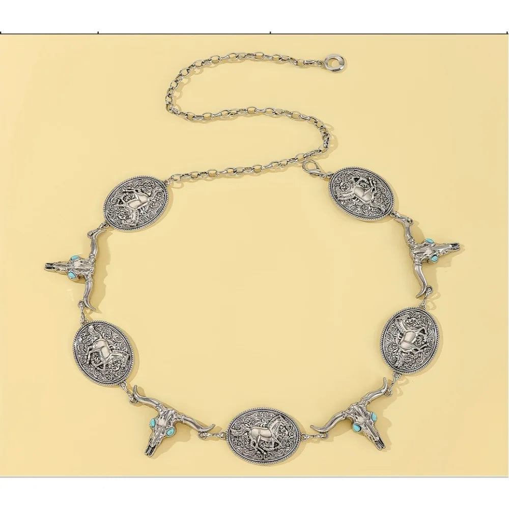Western Horse Bull Waist Chain – Vintage Boho Adjustable Body Jewelry Belt for Women, Daily Use Dress Girdle
