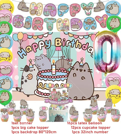 Pusheen Cat Birthday Party Decorations - Cartoon Pet Theme Balloons, Banner, Backdrop, Cake Topper, and Baby Shower Stickers